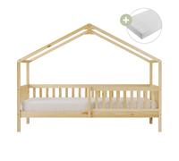 Sunny Kae Cama alta con barrera de seguridad, beige | Colchon hibrido 90 x 200 incluido (14 cm, espuma hibrida, funda de poliester) | Dimensiones totales: 207 x 96 x 156,5 cm
