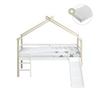 Sunny River Cama con Tobogan, beige/blanco | Colchon hibrido 90x200 incluido (14 cm, espuma hibrida, funda de poliester) | Dimensiones totales: 213 x 186 x 183 cm (Tobogan incluido)