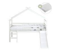 Sunny River Cama con Tobogan, blanco | Colchon hibrido 90x200 incluido (14 cm, espuma hibrida, funda de poliester) | Dimensiones totales: 213 x 186 x 183 cm (Tobogan incluido)