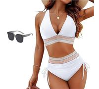 Sunny Salty Bikini Set, Control V-Neck Bathing Suit, High Waisted Two Piece, Halter Swimwear, Summer Beach Swimwear (White,16XL)