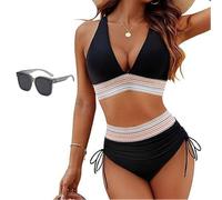 Sunny Salty Bikini Set, Control V-Neck Bathing Suit, High Waisted Two Piece, Halter Swimwear, Summer Beach Swimwear (Black,12XL)