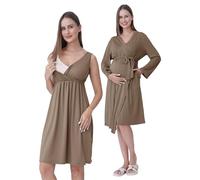 SUNNYBUY Camisón de maternidad y lactancia con bata, 2 piezas, juego de vestido de noche 3 en 1 para el parto, el parto y la lactancia, ropa de dormir hospital, color marrón M