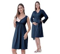 SUNNYBUY Camisón de maternidad y lactancia con bata, 2 piezas, juego de vestido de noche 3 en 1 para el parto, el parto y la lactancia, ropa de dormir hospital, azul marino, S