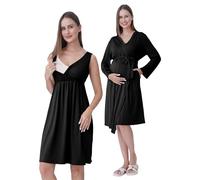 SUNNYBUY Conjunto de camisón de maternidad y lactancia con albornoz 2 piezas | Set de 3 en 1 de camisones de embarazo para el parto, postparto y lactancia, ropa de noche para el hospital, Negro , XXL