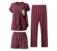 SUNNYBUY Conjunto de pijama de lactancia de 3 piezas, para postparto, casual, suave, pijama de maternidad, ropa de dormir, ropa de salón, capa de ropa, Morado, rojo, XXL