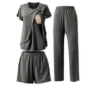 SUNNYBUY Conjunto de pijama de lactancia de 3 piezas, para postparto, casual, suave, pijama de maternidad, ropa de dormir, ropa de salón, capa de ropa, gris oscuro, S
