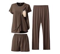SUNNYBUY Conjunto de pijama de lactancia de 3 piezas, para postparto, casual, suave, pijama de maternidad, ropa de dormir, ropa de salón, capa de ropa, Marrón café, M