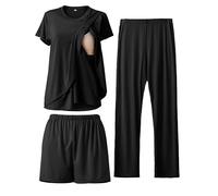 SUNNYBUY Conjunto de pijama de lactancia de 3 piezas, para postparto, casual, suave, pijama de maternidad, ropa de dormir, ropa de salón, capa de ropa, Negro , M