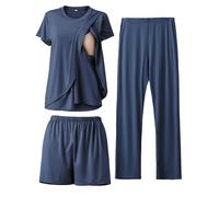SUNNYBUY Conjunto de pijama de lactancia de 3 piezas, para postparto, casual, suave, pijama de maternidad, ropa de dormir, ropa de salón, capa de ropa, azul marino, S