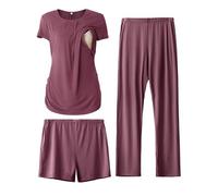 SUNNYBUY Conjunto de Pijama de Maternidad para Mujer, Camisa de Lactancia de Manga Corta, Pantalones Cortos y Pantalones de Embarazo, Ropa de Dormir de 3 Piezas, Granate, M