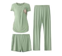 SUNNYBUY Conjunto de Pijama de Maternidad para Mujer, Camisa de Lactancia de Manga Corta, Pantalones Cortos y Pantalones de Embarazo, Ropa de Dormir de 3 Piezas, Verde grisáceo, S
