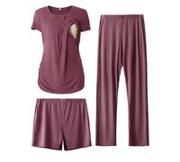 SUNNYBUY Conjunto de pijama de maternidad para mujer, camiseta de maternidad de manga corta, pantalones cortos y pantalones de maternidad, conjunto de pijama de lactancia de 3 piezas, rojo oscuro, XL
