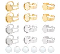 SUNNYCLUE 1 Caja 24 Piezas 3 Estilo 10 mm Cabochon Anillos En Blanco Acero Inoxidable Anillos En Blanco Anillos Ajustables Bulk Flat Round Ring Ajustes Glass Cabochons Bases de Anillo para Joyería Fab
