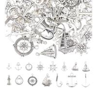 SUNNYCLUE 1 Caja, 60 Piezas, 15 Estilos de Dijes Náuticos: Dije de Barco, Océano, Mar, Verano, Estilo Tibetano, Plata Antigua, Marinero, Ancla, Timón, Brújula, Colgantes para Hacer Joyas, Pendientes,