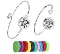 SUNNYCLUE 1 caja con 2 juegos de Pulseras Difusoras de Aceites Esenciales, Brazaletes con 10 almohadillas de Repuesto, Medallón de Aromaterapia de Acero Inoxidable con Diseño de Árbol de la Vida, Joye