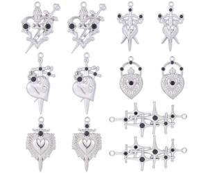 SUNNYCLUE 1 caja con 24 dijes de Cruz con Corazón Plateado En 6 estilos Diferentes. Dijes Góticos A Granel de Aleación de Metal con Diamantes de Imitación. Conectores Tibetanos Sagrados para la Creaci