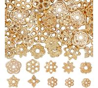SUNNYCLUE 1 caja de 100 piezas de 10 estilos de Tapas de Cuentas de Flores de Aleación Chapadas En Oro Real de 18K Cuentas de Extremo de Metal A Granel Flores Huecas Tibetanas Espaciadores Florales Ex