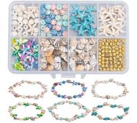 SUNNYCLUE 1 caja de 222 piezas de Bricolaje 6 juegos Kit para Hacer Pulseras de Verano Cuentas de Concha de Mar Cuentas de Estrella de Mar Cuentas de Piedras Preciosas Redondas de Turquesa de la Suert