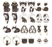 SUNNYCLUE 1 caja de 24 piezas de 12 estilos de Dijes de Gato En Blanco Y Negro Dijes de Animales Aleación Mixta Esmalte Linda Huella Encantadora Dije de Gatito para Hacer Joyas Dijes Llaveros Pulseras