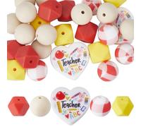 SUNNYCLUE 1 caja de 27 cuentas de silicona de 15 mm para profesores, cuentas de goma a granel, personajes suaves de vuelta a la escuela, hexagonales, redondas, espaciadoras sueltas, cuentas focales