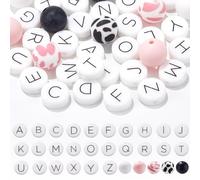 SUNNYCLUE 1 Caja de 36 Cuentas de Letras de Silicona A Granel Cuentas del Alfabeto Inglés AZ Capital Blanco Negro Rosa Planas Redondas Sueltas para Hacer Joyas Manualidades Collares Pulseras Llaveros