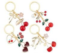 SUNNYCLUE 1 caja de 4 estilos de Llavero de Cereza Al Por Mayor, Llavero de Cereza Roja, Dijes de Corazón de Aleación de Esmalte de Moda con Lindas Flores de Fruta Y Perla, Llaveros para Bolso, Decora