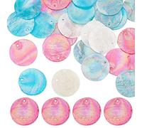 SUNNYCLUE 1 caja de 40 dijes de conchas marinas, conchas de Capiz, rodajas de color AB de 25 mm, planas, redondas, azules, rosas, mar, verano, océano, para hacer joyas, bricolaje, campanillas de