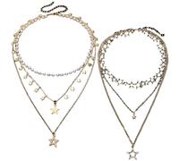 SUNNYCLUE 1 caja de 6 piezas Y 2 juegos de Collares En Capas con Estrellas Doradas, Aleación Dorada, Bonitas Perlas con Cuentas, Pentagrama, Estrellas de Cinco Puntas, Colgantes, Conjuntos de Joyas pa