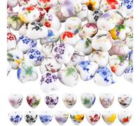 SUNNYCLUE 1 caja de 60 cuentas de Cerámica En Forma de Corazón de 15 colores, Cuentas de Porcelana con Flores, Espaciadores Sueltos con Estampado Floral Chino de Colores para Hacer Joyas, Manualidades