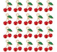 SUNNYCLUE 1 caja de 60 dijes de Cereza Roja Esmaltados Dijes de Frutas A Granel Aleación de Metal Dorado Frutas Cerezas Mini Dijes Colgantes para Hacer Joyas Dijes Pulseras Collares Pendientes Accesor