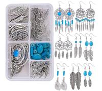 SUNNYCLUE 1 caja de Bricolaje 8 pares de Pendientes de Gancho de Plumas Estilo Tibetano Que Hacen el Kit de Inicio con Cuentas de Turquesa Suministros para Mujeres Niñas Principiantes, Plata Antigua