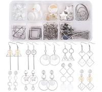 SUNNYCLUE 1 Caja DIY 10 Pares Kit de Inicio de Fabricación de Aretes Huecos Geométricos Classic Round Square Heart Triangle Connectors con Shell Charms, Pendientes de Latón Ganchos Joyas, Plata