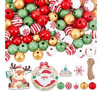 SUNNYCLUE 100 cuentas de Navidad, Cuentas de Madera de Navidad para Manualidades, Abalorios de Reno, Abalorios de Madera de Navidad, Cuentas Redondas Pintadas, Cuentas En Espiral, Cordón de Yute, Deco