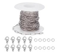 SUNNYCLUE 16.4 Pie / 5M Bobina de Cadena de Clip de Papel de Acero Inoxidable Color Plateado Rollo de Cadenas de Clip de Papel 30 Piezas Anillos de Salto Abiertos 10 Piezas Cierres de Garra de Langost
