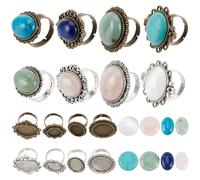 SUNNYCLUE 16 piezas DIY 8 juegos de Anillos Bisel En Blanco Piedras Naturales Cabujones Estilo Antiguo Anillo de Dedo Ajustable Bases En Blanco Gempiedras Anillos Kit de Fabricación Ovalado Redondo Ca