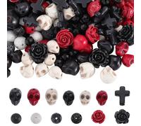 SUNNYCLUE 203 pieza de Cuentas de Calavera de Halloween Abalorios de Esqueleto A Granel Roca de Lava Natural Turquesa Sintética Piedra Negra Cruz Flor Rosa Cuentas Espaciadoras para Hacer Joyas Pulser