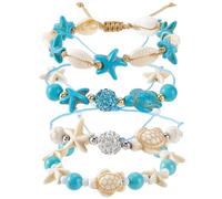 SUNNYCLUE 4 Estilo de Pulsera de Tortuga Marina, Tobillera de Concha, Tobilleras Bohemias Hawaianas de Verano con Cuentas de Turquesa Sintética, Trenza Ajustable, Juego de Pulseras de Estrella de Mar