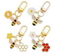 SUNNYCLUE 4 llavero con Forma de Abeja de Miel, Diseño de Flor, de Aleación de Oro, Esmaltado, con Forma de Margarita Pequeña, con Cierre Giratorio de Resorte para Bolsos, Mochilas, Llaveros Y Artícul