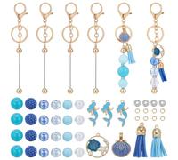 SUNNYCLUE 72 pieza DIY 6 juegos de Llavero con Cuentas Kit de Resina Azul con Diamantes de Imitación, Cuentas Grandes de 20 mm, Cuentas de Chicle, Barras de Llavero En Blanco, Esmalte, Dijes de Concha