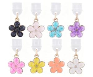 SUNNYCLUE 8 dijes de tapón antipolvo con forma de flor, USB C, a granel, bonito esmalte morado, blanco, amarillo, flor de cerezo, colgante floral de primavera para teléfono, auriculares, teléfono