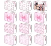 Sunnymove 12 bolsas de maquillaje con lazo rosa transparente para mujer, bolsa de cosméticos de PVC con cremallera, bolsa de aseo de viaje, lazo rosa, regalos del equipo para cumpleaños, coqueta