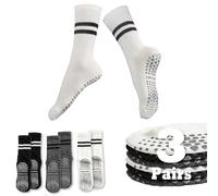 Sunolkie 3 pares de calcetines antideslizantes de yoga para mujer, calcetines largos para pilates antideslizantes, calcetines deportivos antideslizantes, cálidos calcetines deportivos largos a rayas