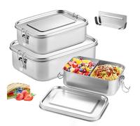 SUNOYA Juego de 3 fiambreras de acero inoxidable 304, fiambreras de acero inoxidable, 2400 ml, 1400 ml y 850 ml, con separación, apilables, para pan de pausa, ensalada y comidas restantes