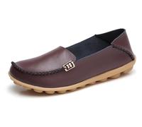 Sunporx Cómodo Mocasines de Cuero de Las Mujeres Slip On Flats Casual Round Toe Wild Driving Flats Soft Walking Shoes