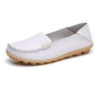 Sunporx Cómodo Mocasines de Cuero de Las Mujeres Slip On Flats Casual Round Toe Wild Driving Flats Soft Walking Shoes