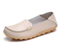 Sunporx Cómodo Mocasines de Cuero de Las Mujeres Slip On Flats Casual Round Toe Wild Driving Flats Soft Walking Shoes