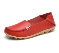 Sunporx Cómodo Mocasines de Cuero de Las Mujeres Slip On Flats Casual Round Toe Wild Driving Flats Soft Walking Shoes