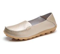 Sunporx Cómodo Mocasines de Cuero de Las Mujeres Slip On Flats Casual Round Toe Wild Driving Flats Soft Walking Shoes