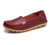 Sunporx Cómodo Mocasines de Cuero de Las Mujeres Slip On Flats Casual Round Toe Wild Driving Flats Soft Walking Shoes
