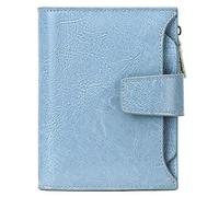 Sunpour Cartera pequeña de cuero para mujer, plegable, con bloqueo RFID, cartera compacta con bolsillo para monedas, Azul/claro, Trifold